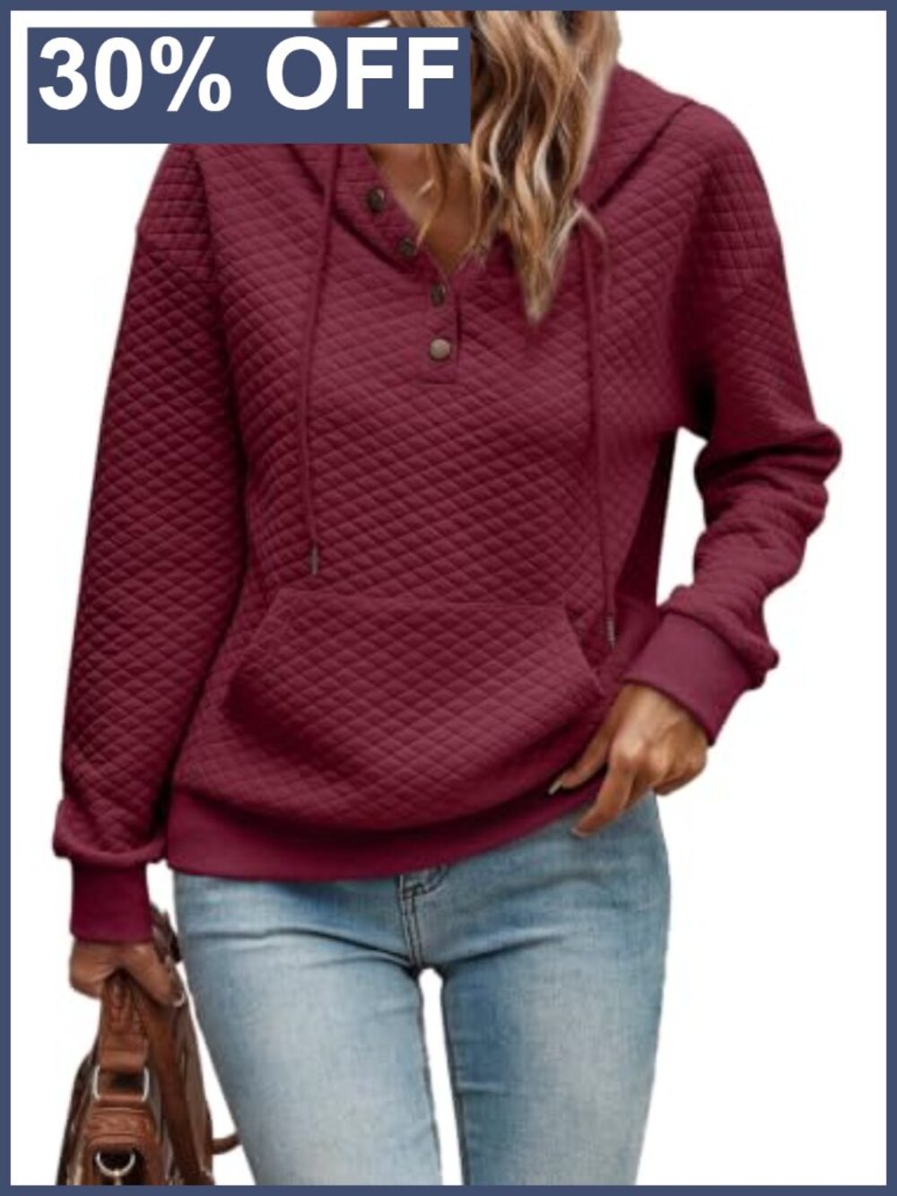 Quilted Half Button Drawstring Hooded Sweatshirt Long Sleeve